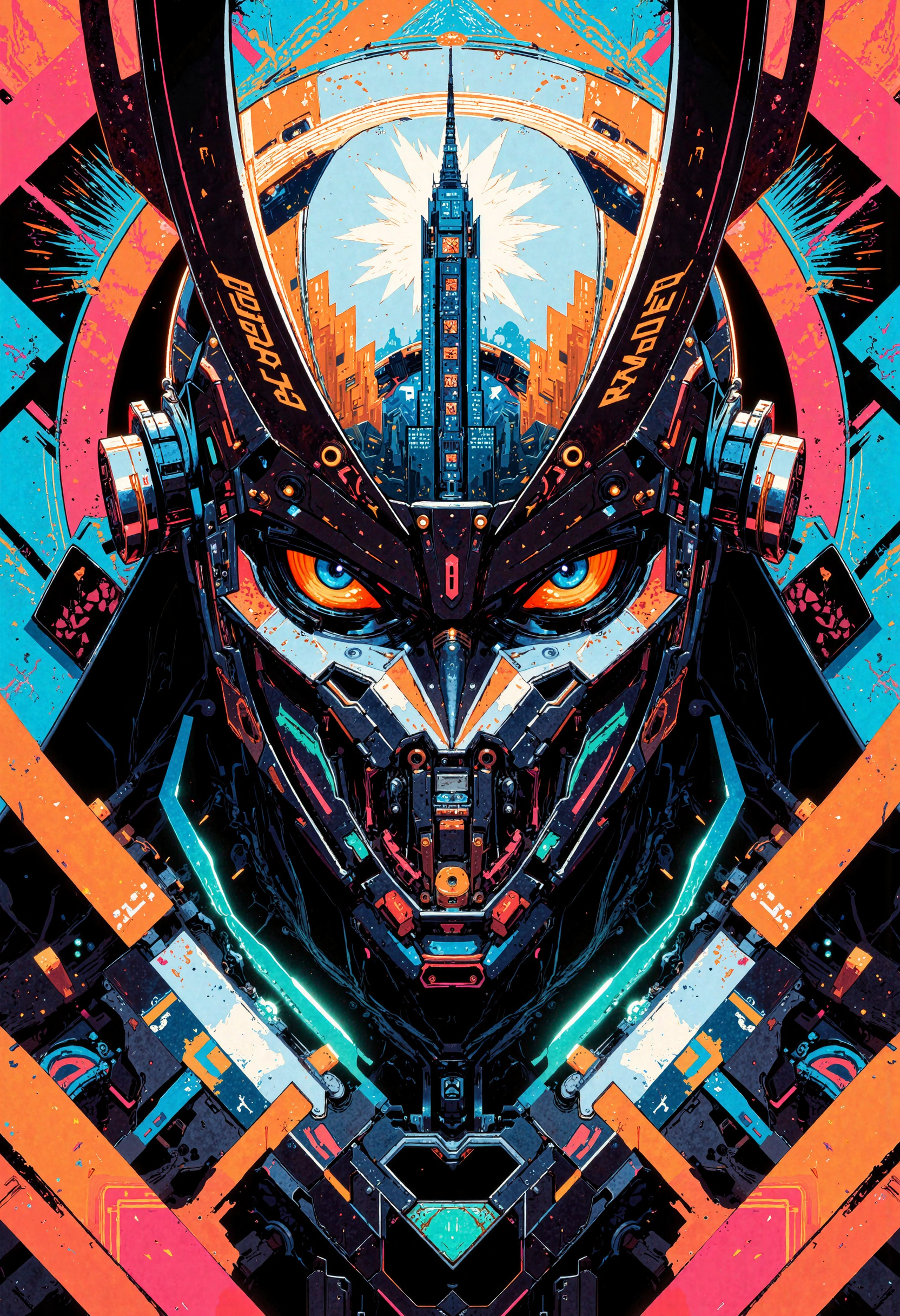 masterpiece, high-quality, art deco neon illustration, A face-filling close-up reveals the angular, geometric features of a samurais helmet, its polished silver surface etched with bold black deco patterns. Neon-orange and sapphire light strips outline the helmets edges, casting a futuristic glow on the samurais determined eyes, visible through a narrow visor. Reflections of a sprawling 1920s-inspired metropolis shimmer in the helmetâs curves, with skyscrapers adorned in zigzag motifs and glowing advertisements. Sharp metallic textures contrast with soft gradients in the background, evoking a fusion of tradition and retro-futuristic defiance, <lora:FLUX\Anime v1.3:0.5> <lora:FLUX\FLUX-daubrez-DB4RZ:0.3> <lora:FLUX\VividlySurrealOrigin:0.6>