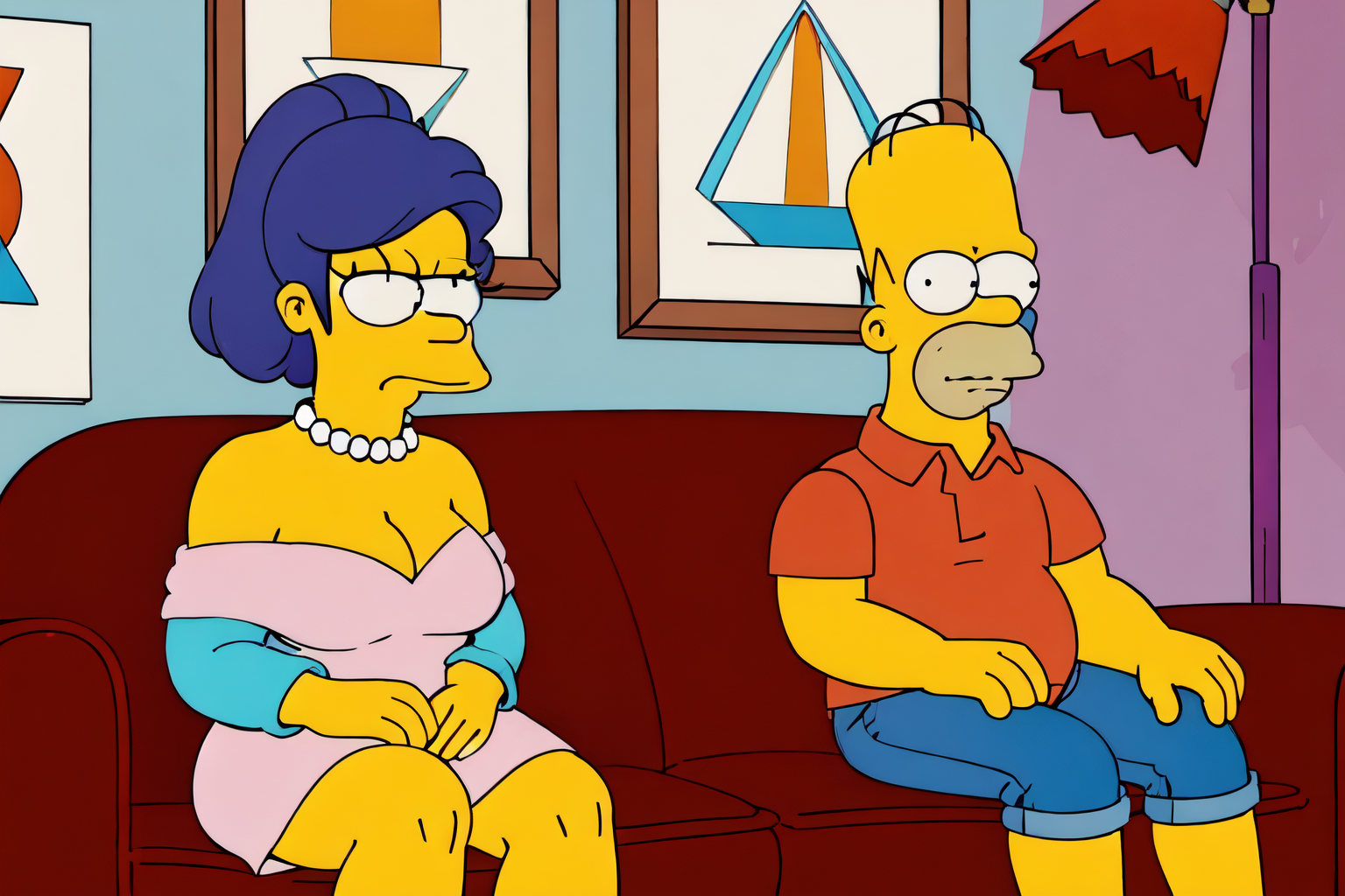 a woman and a man sitting in a couch in the living room, EdobSimpsons  <lora:EdobSimpsons_v1.0:0.8>