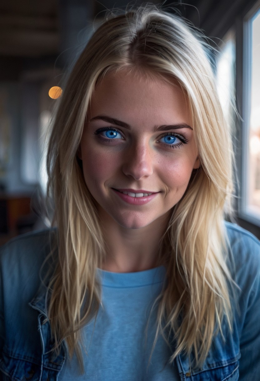 1girl, solo, looking_at_viewer, blonde hair, blue eyes, mysterious smile, urban setting, indoors