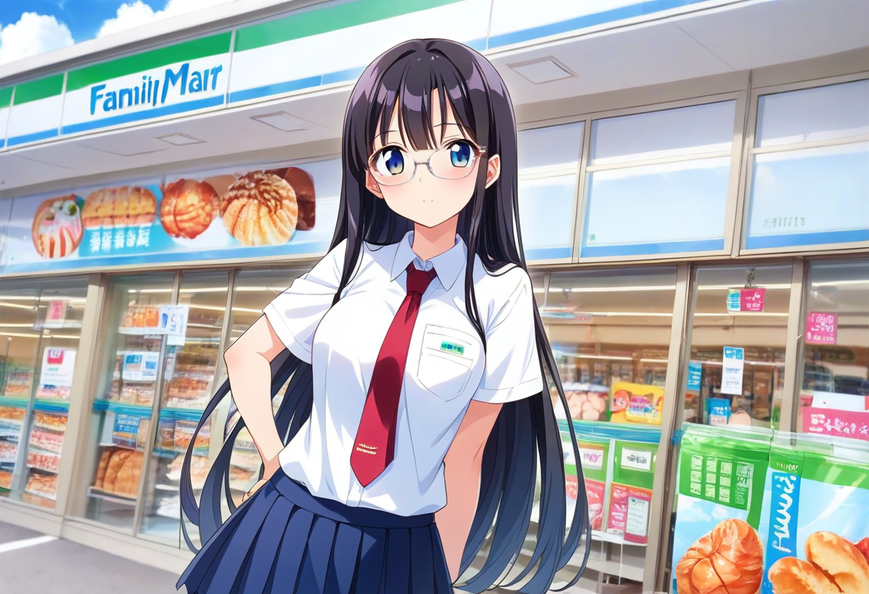 score_9, score_8_up, score_7_up, rating_safe, masterpiece, best quality, absurdres, unity 8k wallpaper, official art, official style, source_anime, uncensored, game cg, megami magazine,
1girl, solo, glasses, black hair, long hair,  collared shirt, red necktie, pleated skirt, blue skirt, looking at viewer, blush, upper body, short sleeves, 
famima, konbini, scenery, storefront, convenience store, shop, scenery, outdoors, sky, cloud, day, blue sky, sign, japan
 <lora:famima_storefront_PONY_V1:1>