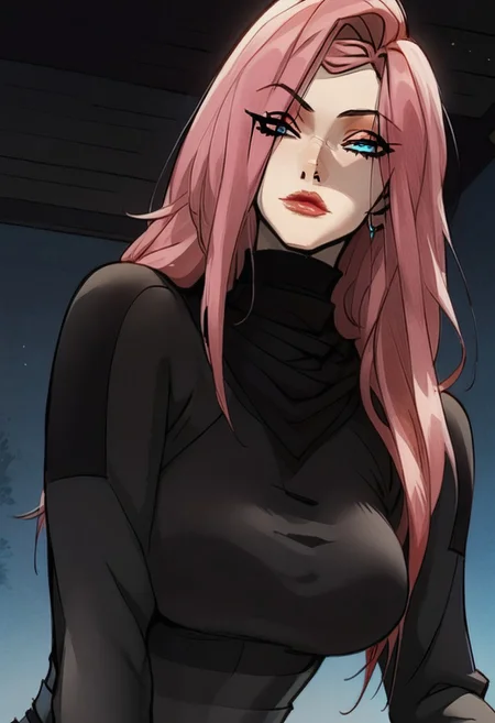 score_9, score_8_up, score_7_up, score_6_up, Expressiveh,
longshuyun, 1gir, pink hair, long hair, blue eyes, eyes visible through hair, makeup, lipstick, large breasts, black sweater, turtleneck, long legs, detailed face, full color, vibrant color, dynamic pose, dynamic angle, sitting, from below, head tilt, daylight,(klskx:1.1)