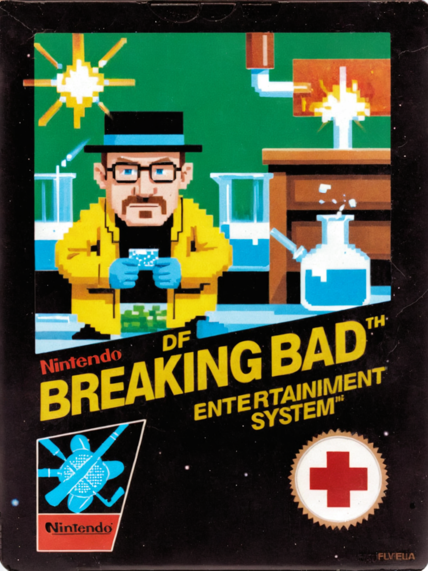 a game cartridge cover of Heisenberg making meth with the words "BREAKING BAD" in the style of classic-nintendo, <lora:classic-nintendo-sdxl-v1:1>