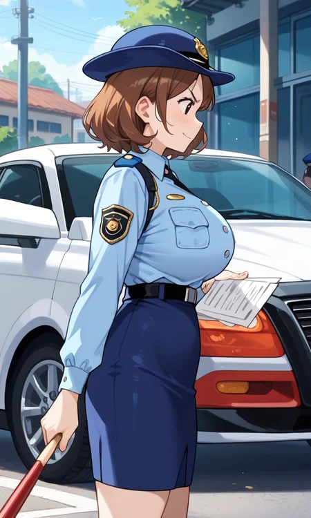 (1girl:1.5), (solo:1.3), (score_9, score_8_up, score_7_up, score_6_up, score_5_up, score_4_up), (source_anime), rating_questionable, (cowboy shot:1.3),
 <lora:dandanbara-teruyo_v1:1> (dandanbara-teruyo), (black eyes, brown hair, short hair), (smile, angry), (policewoman, police uniform, blue shirt, collared shirt, long sleeves, belt, blue skirt, miniskirt, pencil skirt, police hat, blue headwear, shoes), (huge breasts), 
from side, in police car, driving, holding handle