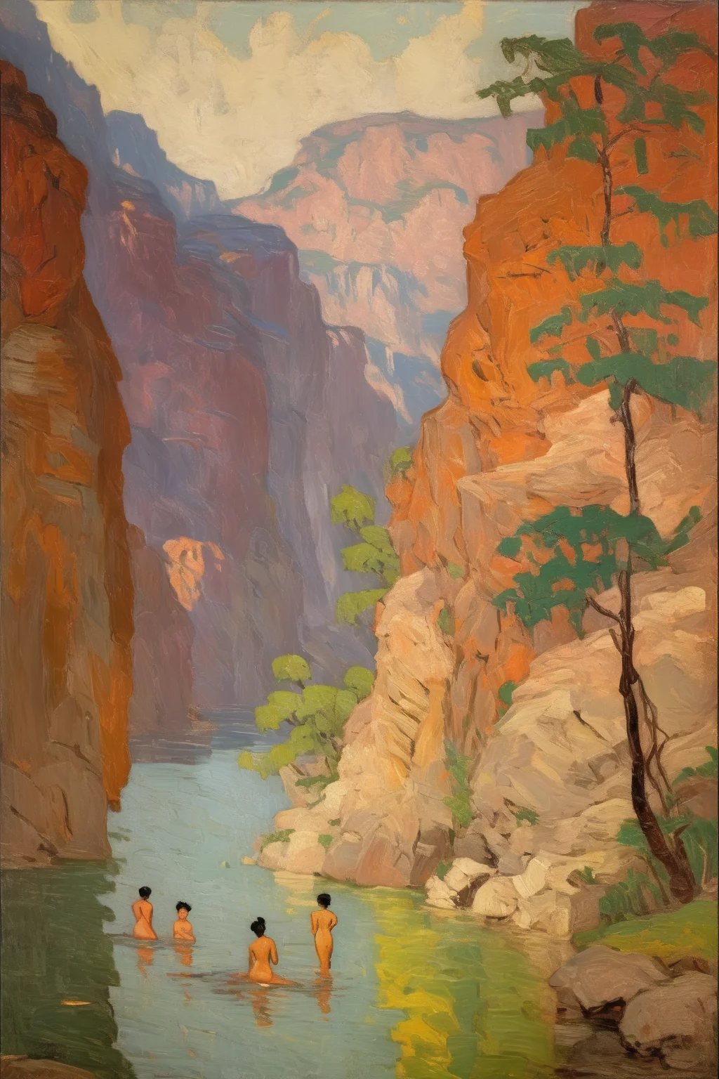 <lora:William Langson Lathrop Style:1>William Langson Lathrop Style - a thick impasto oil painting, quickly rendered, that depicts a view along a vast, deep river canyon and several beautiful Asian women swimming and resting in a bay with several trees