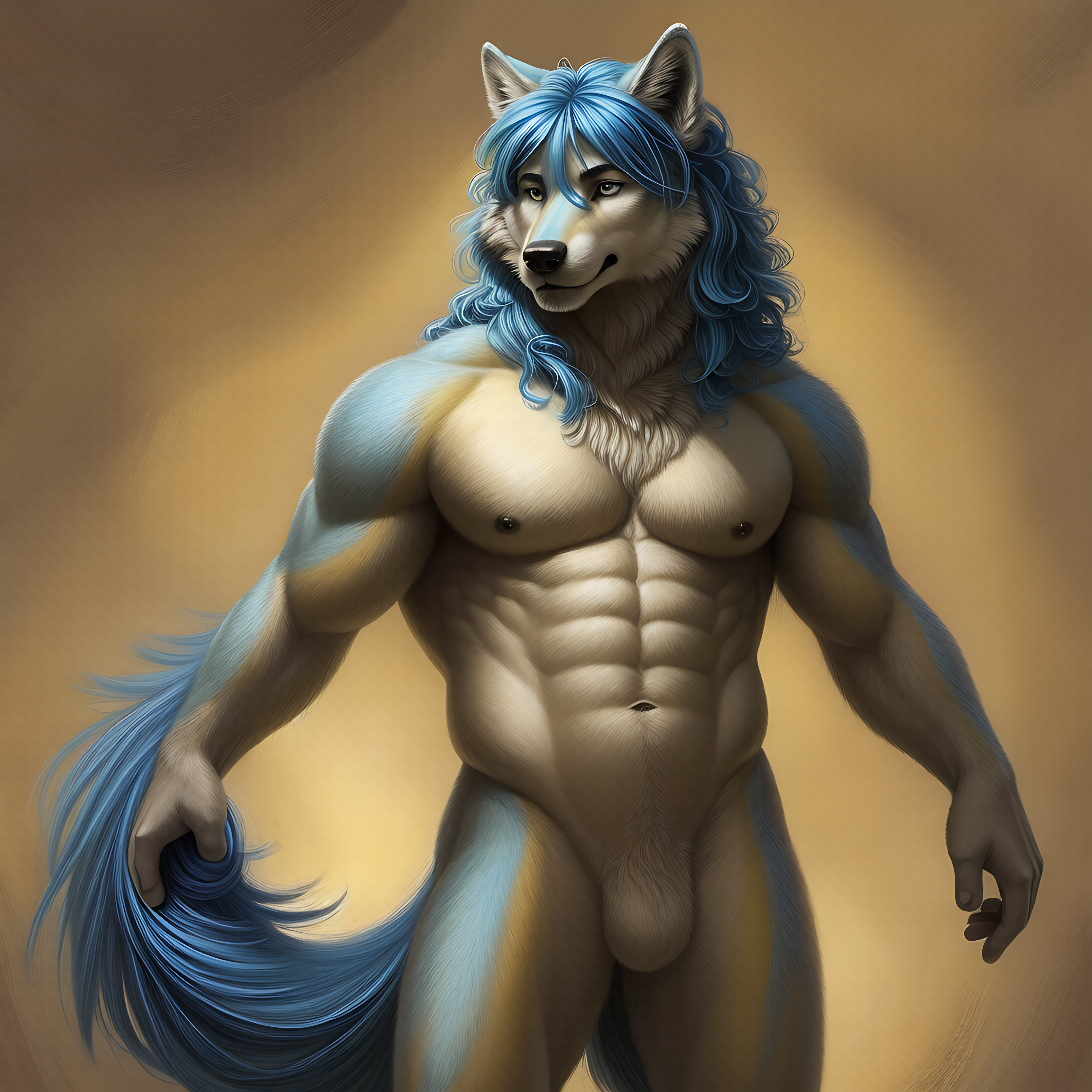 painting, realistic, furry cg vn, bara, realistic painting, solo,  male focus, abs, male nipple, furry, furry male, wolf face, wolf snout,  full body,  two-tone fur, yellow fur with blue tipped ends, muscular, abs, animal ears, wolf ears, wolf tail, shoulder length wavy curly blue hair,  blue hair, tail, calm ocean blue eyes,  male focus, fox ears, tattoo, fox tail, furry, furry male, fingerless gloves, black belt, silver belt buckle, black boots, dark brown open vest, dj headphones around neck,  gay pride neck bandana, foreskin, testicles, penis, erection, uncensored, laying in grass