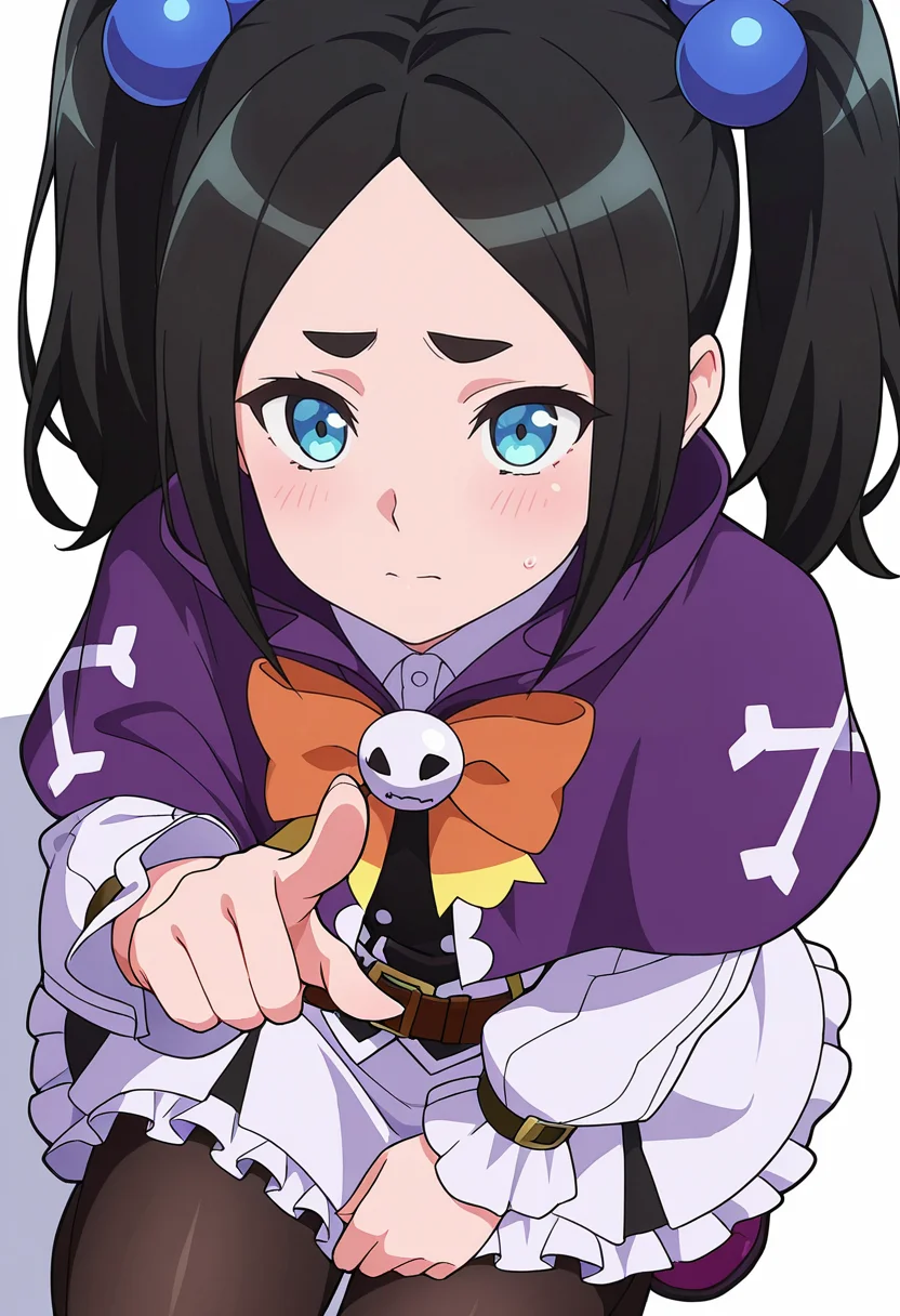 Smooth Quality,masterpiece,very intricate, high quality details, ultra realistic, high detailed skin,detailed enviorement,absurdres,
pointing at viewer,
<lora:Dannar_Toxico_CNR:0.7> toxico_cnr, 1girl,black hair, twintails, blue eyes, thick eyebrows,
toxico_def_cnr, frilled dress, purple capelet, skirt, long sleeves, frills, belt, black pantyhose, purple footwear,hair bobbles,orange bow, bowtie,, simple background, white background, from above,
crouching, hands together, foot forward, intense, ready,  ,, worried,