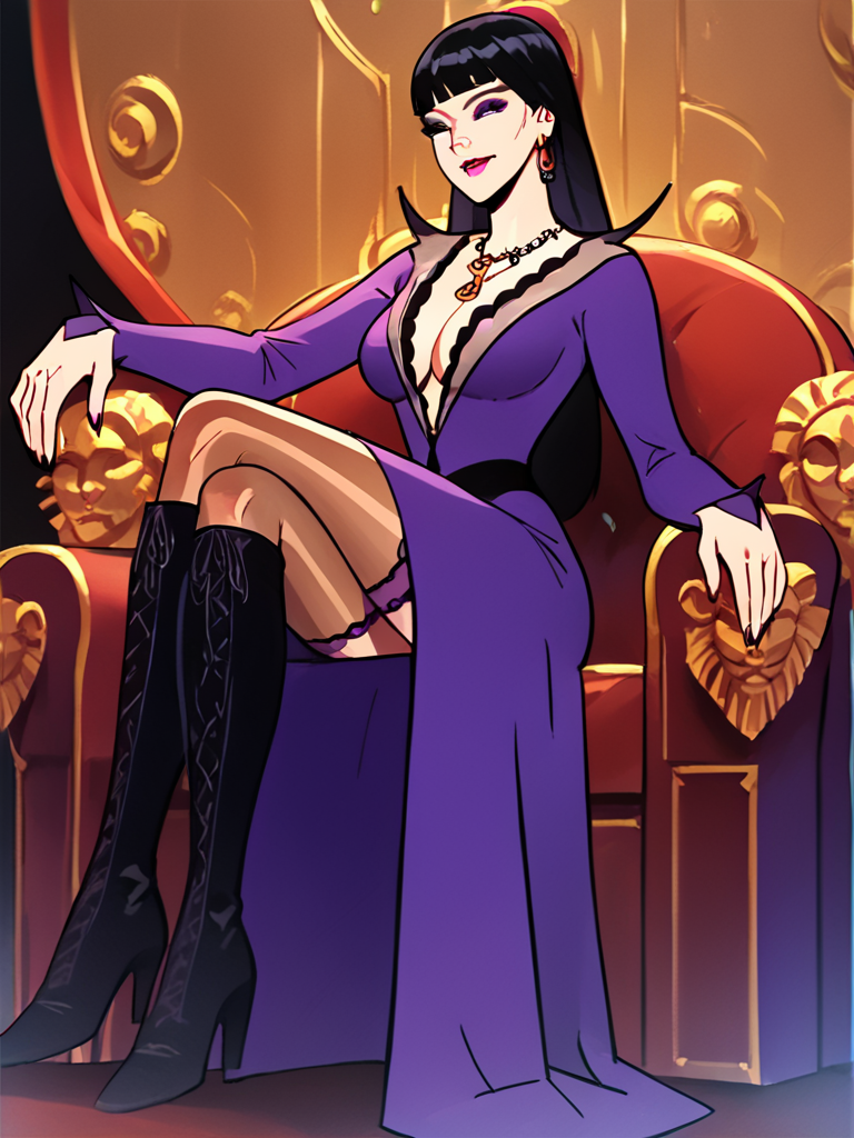 score_7_up, score_8_up, score_9, masterpiece, (1girl, solo,)perfect face, perfect hands, high quality, source_anime, <lora:Tatyana_Orpheus_-_Venture_Bros:1>tatyana, black hair, long hair, large breasts, jewelry, purple eyes, necklace, dress, thighhighs, boots, high heels, smile, lipstick, makeup,
