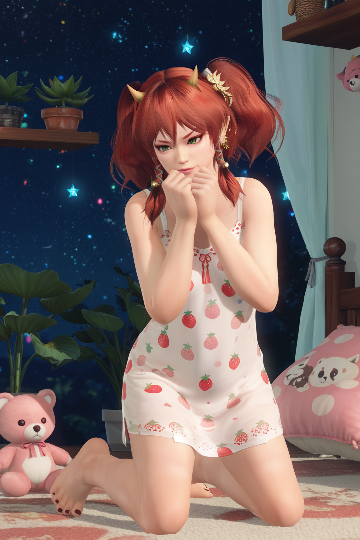 score_9,score_8,score_7_up,ultra detailed,realistic,high_contrast,  kanna \(doa\), 1girl, oni, solo, kneeling,on bed, hands up, clenched hands, hands under chin, looking away, closed mouth, barefoot (gold lotus hair ornament), (gold lotus earrings),  red hair, oni horns, v-shaped eyebrows, red eyebrows, green eyes, slit pupils, black eyelashes, red eyeliner, pointy ears, short twintails, braided sidelocks, hair between eyes, white hair tie, gold hair bell, grey tress ribbon,  flat chest, small breasts,night gown,strawberry_print,  plush stuffed animals, fluffy blankets, round pastel pillows, cute bedside table, tiny fairy lights canopy, adorable wall art, mini bookshelf, heart-shaped decor, starry night projector, soft rug, tiny plants in cute pots, macrame wall hanging   <lora:doa_kanna_pdxl_v11:0.9000000000000001>