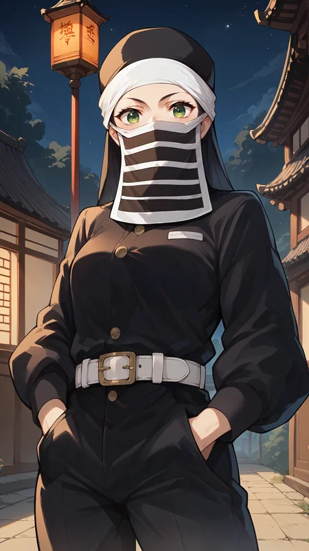 score_9,score_8_up,score_7_up,score_6_up, source_anime, zPDXL3, <lora:xl_more_art-full_v1:0.5>, girl, dynamic pose, hands in pockets, <lora:Kakushi (Girl) - Pony-000004:0.8>, green eyes, black uniform, black headwear, white headband, striped face mask, long sleeves, white belt, black pants, east asian architecture, moonlight, night sky,