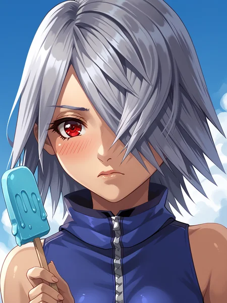 pov, 1girl, <lora:Fuu-Fuujin _ KH2-FF8_Pony:0.8> fuu \\(kingdom hearts\\), score_7_up, grey hair, red eye, hair over eye
blushing, sad, popsicle