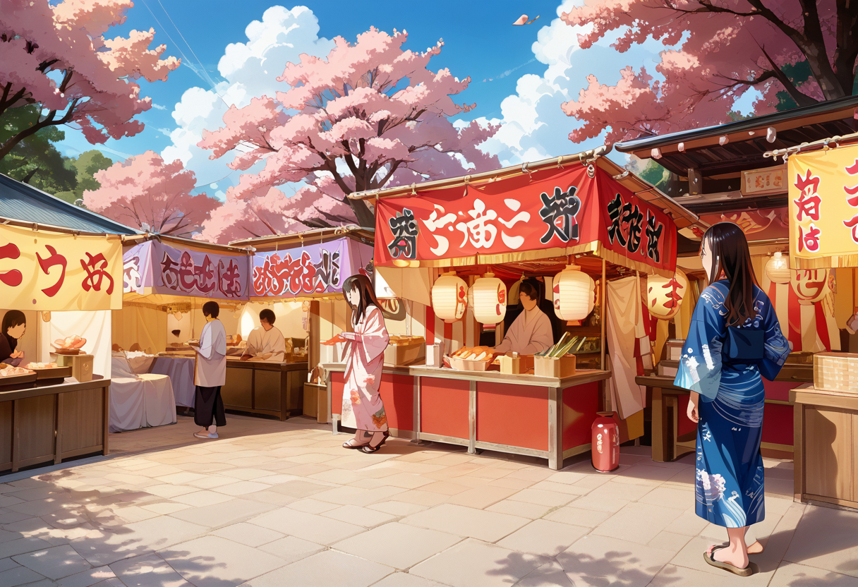 score_9, score_8_up, score_7_up, rating_safe, masterpiece, best quality, absurdres, unity 8k wallpaper, official art, official style, source_anime, uncensored, game cg, megami magazine,
omatsuri, food stand, outdoors, japanese clothes, sky, scenery, kimono, tree, day, multiple girls, food, multiple boys, festival, pavement, long hair, lantern, cloud, road, solo focus, blue sky, sandals, walking, crowd, standing, 1girl, paper lantern, yukata,  photo background, 
<lora:omatsuri_PONY_V1:1>