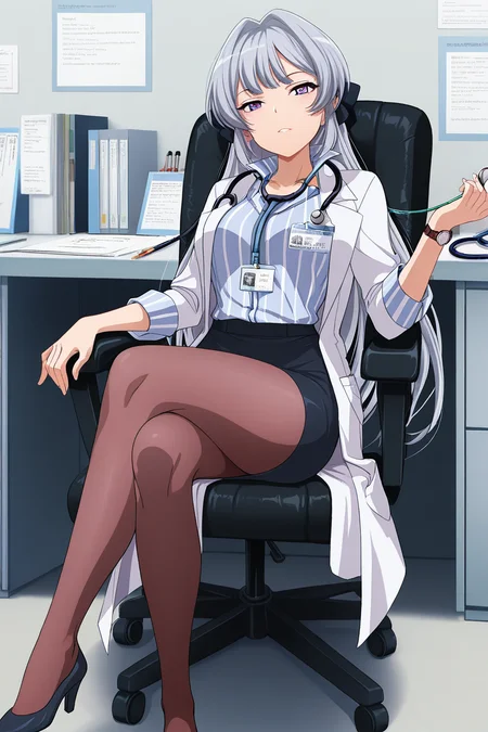 masterpiece, best quality, amazing quality,
<lora:Akira_IL:1> akira, 1girl, id card, crossed legs, sitting, solo, pantyhose, skirt, long hair, grey hair, shirt, pencil skirt, watch, stethoscope, labcoat, indoors, looking at viewer, striped shirt, striped, purple eyes, office chair, high heels, bangs, chair, miniskirt, lanyard