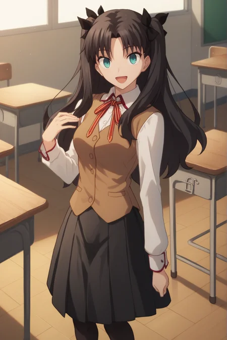 score_9, score_8_up, score_7_up, score_6_up, score_5_up, score_4_up, BREAK source_anime, 1girl,
<lora:TohsakaRinXL-v1-04:0.7>, ChopioTohsakaRin, black hair, long hair, two side up, parted bangs, hair ribbon, aqua eyes, looking at viewer,
(thick thighs:0.7), medium breasts,
outfit_1, white shirt, collared shirt, neck ribbon, brown vest, black skirt, pleated skirt, long skirt, black pantyhose,
classroom, wooden floor, smile, happy, open mouth,