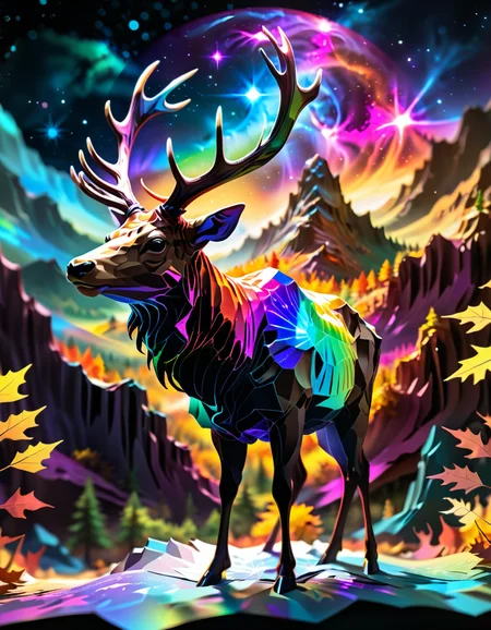 Rule of Thirds, (Elk of Enlightenment:1.3) , fall vegetation, shallow depth of field, fragmented, paper folding, comic book art, narrative, cartoony, made out of ral-hlgrphic and Jed-Cosmos <lora:Jed-Cosmos-sdxl:0.5> <lora:ral-hlgrphic-sdxl:0.5>, creative, badge, fine artistic composition, cool colors, great composition, intricate detail