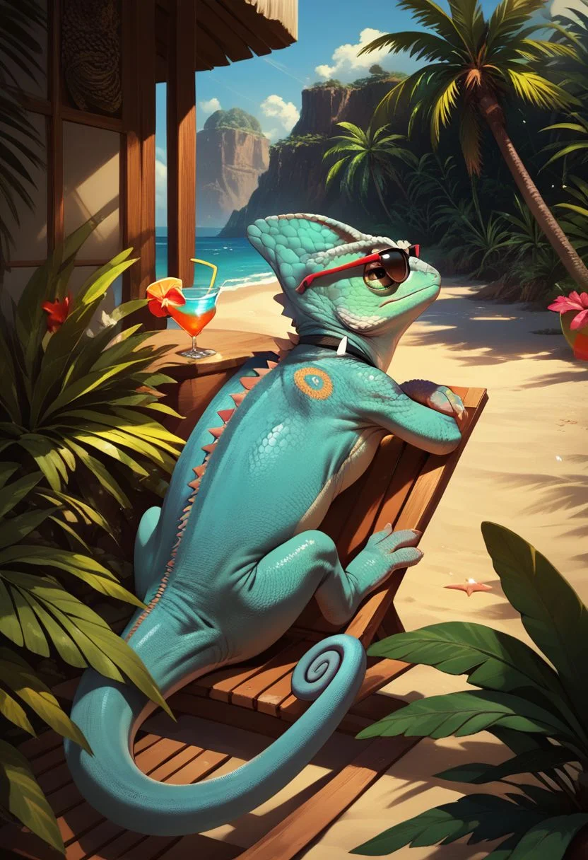 score_9, score_8_up, score_7_up, source_anime, Chameleon, lizard, back spikes, feral, scales, outdoors, multicolored,in a tropical beach,sunglasses,relaxing