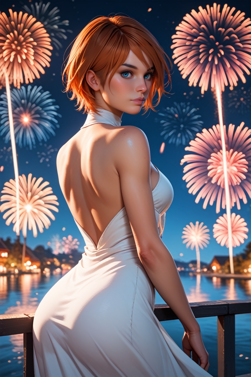 score_9, score_8_up, score_7_up,
<lora:MEASuvi:0.8>
MEASuvi, 1girl, orange hair, blue eyes, short hair, looking at viewer, from behind, cowboy shot, dress, looking back, fireworks, at night