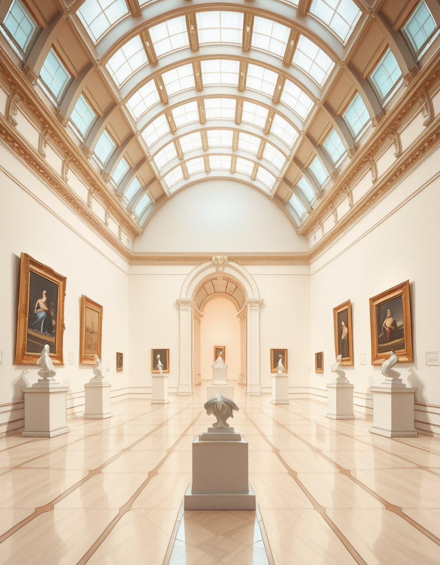 A high-resolution photograph of the interior of a grand art museum, featuring vast halls with high ceilings, intricate architectural details, and polished marble floors. The museum is illuminated by soft, natural light filtering through large arched windows, casting gentle shadows on the walls adorned with classical and modern paintings in ornate golden frames. In the center, a marble sculpture stands on a pedestal, surrounded by velvet ropes. Visitors walk around, some admiring the artwork, others engaged in quiet discussions. The atmosphere is serene and intellectual, with a warm color palette of beige, gold, and deep reds enhancing the elegance of the scene. The perspective is wide-angle, capturing the depth and scale of the museum, evoking a sense of awe and admiration.
<lora:SDXLFaeTastic2400:0.4> <lora:extremely_detailed:0.4> extremely detailed,art mus3um, <lora:art_mus3um-i:1>, Masterpiece,best quality,hi res,8k,hi res,8k,award winning,(sharp focus, intricate, highly detailed),