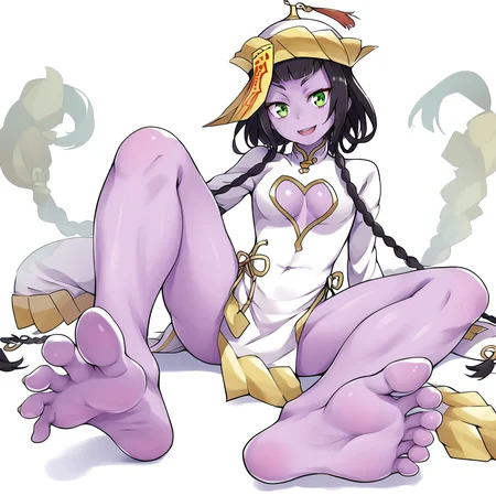 score_9, score_8_up, score_7_up, niang-niang, toaru, 1girl, solo, purple skin, jiangshi, braid, foot focus, green eyes, colored skin, soles, feet, open mouth, ofuda, hat, smile, toes, clothing cutout, twin braids, looking at viewer, green hair, long hair, barefoot, sitting, cleavage cutout, :d, qing guanmao, black hair, chinese clothes, bangs, breasts, long sleeves