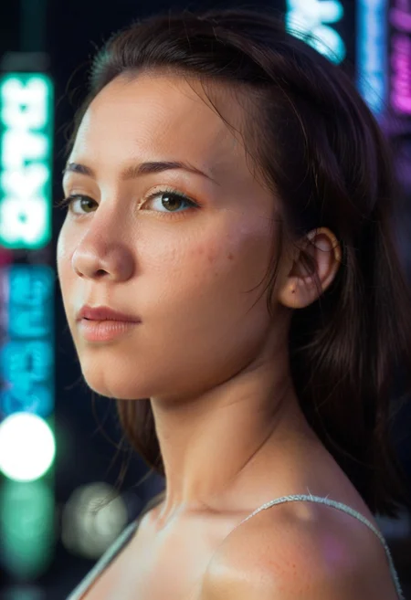 score_9, score_8, score_7_up,BREAK,portrait, 3/4 view, realistic, analog photo, beautiful and aesthetic,BREAK, 1 female, solo, latina, asian, latina-asian mix, blasian,{round|oval|square|heart-shaped|diamond|oblong|inverted triangle} face shape, pinup pose, neon lighting, cyberpunk city background, stunning lighting, dramatic lighting