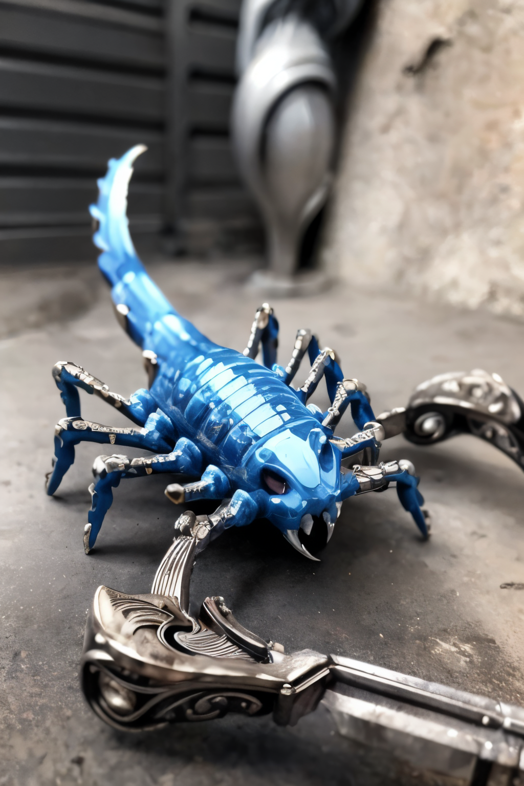 (Realistic:1.5) EdobScorpion, pokemon (creature), banana, blurry, hair bow, blue hair, greyscale, extra arms, close-up, dragon, weapon, weapon,  <lora:EdobScorpionArtistic_v1.0:0.8>