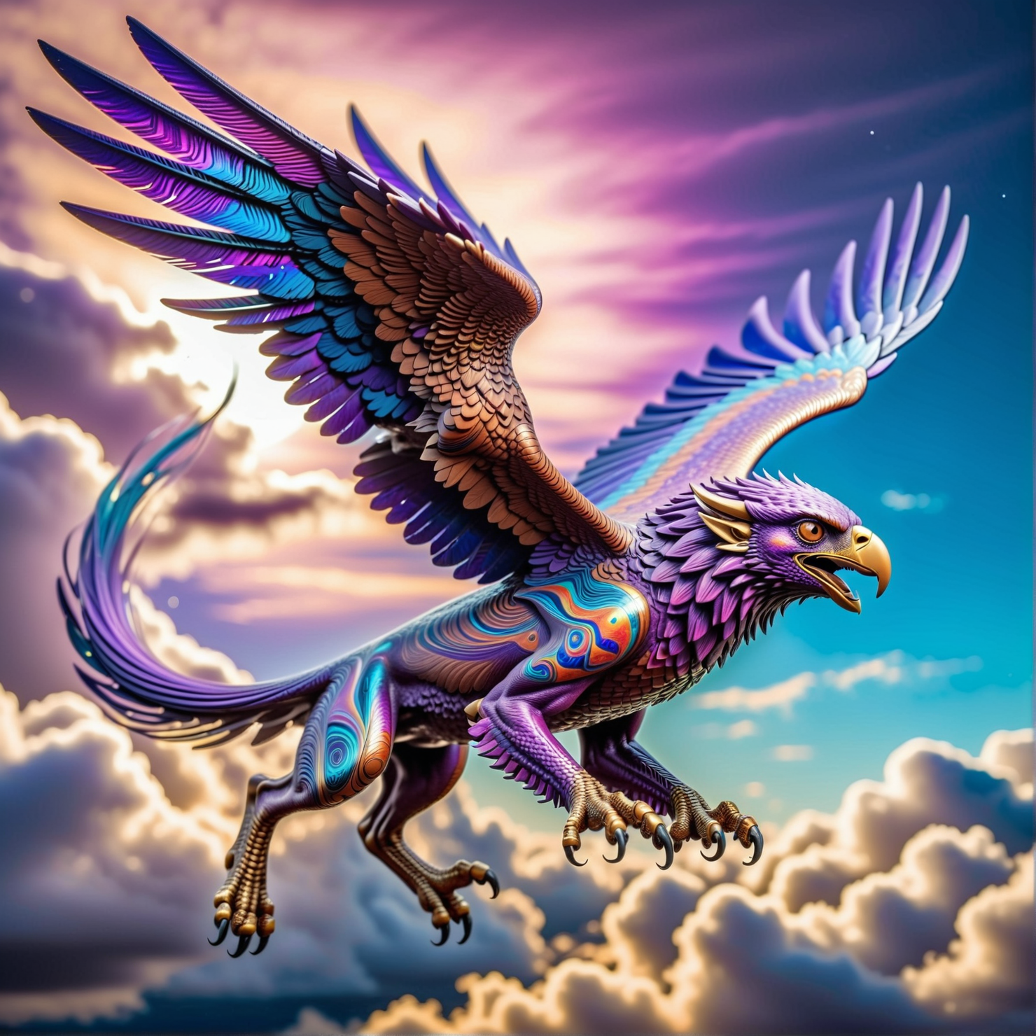 timascus style, realistic,  realistic, a gryphon flying through the sky,  (SimplePositiveXLv2:0.6), <lora:Timascus_merge:1>