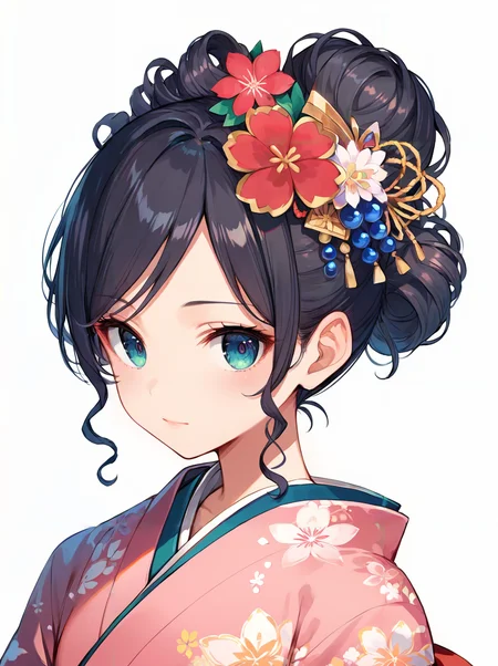 score_9, score_8_up, score_7_up,source_anime, high res image,masterpiece,best quality,girl,cute face,clear skin,shiny hair,ultra detailed eyes,simple background, <lora:morigami_pony_V1.0:1> morigami,hair flower,curly hair,hair bun,kimono