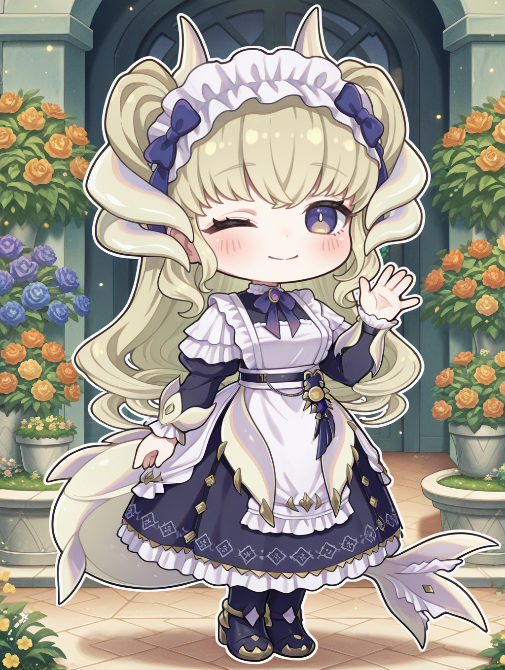 dragonmaid latys,1girl,one eye closed,solo,smile,,chibi,looking at viewer,full body,closed mouth,standing,blush,blue thigh boots,blue maid dress,blue bow hairband,dragon girl,garden,waving,
masterpiece,best quality,amazing quality,very aesthetic,absurdres,newest,<lora:Dragonmaid latys illuXL v1:0.77>,