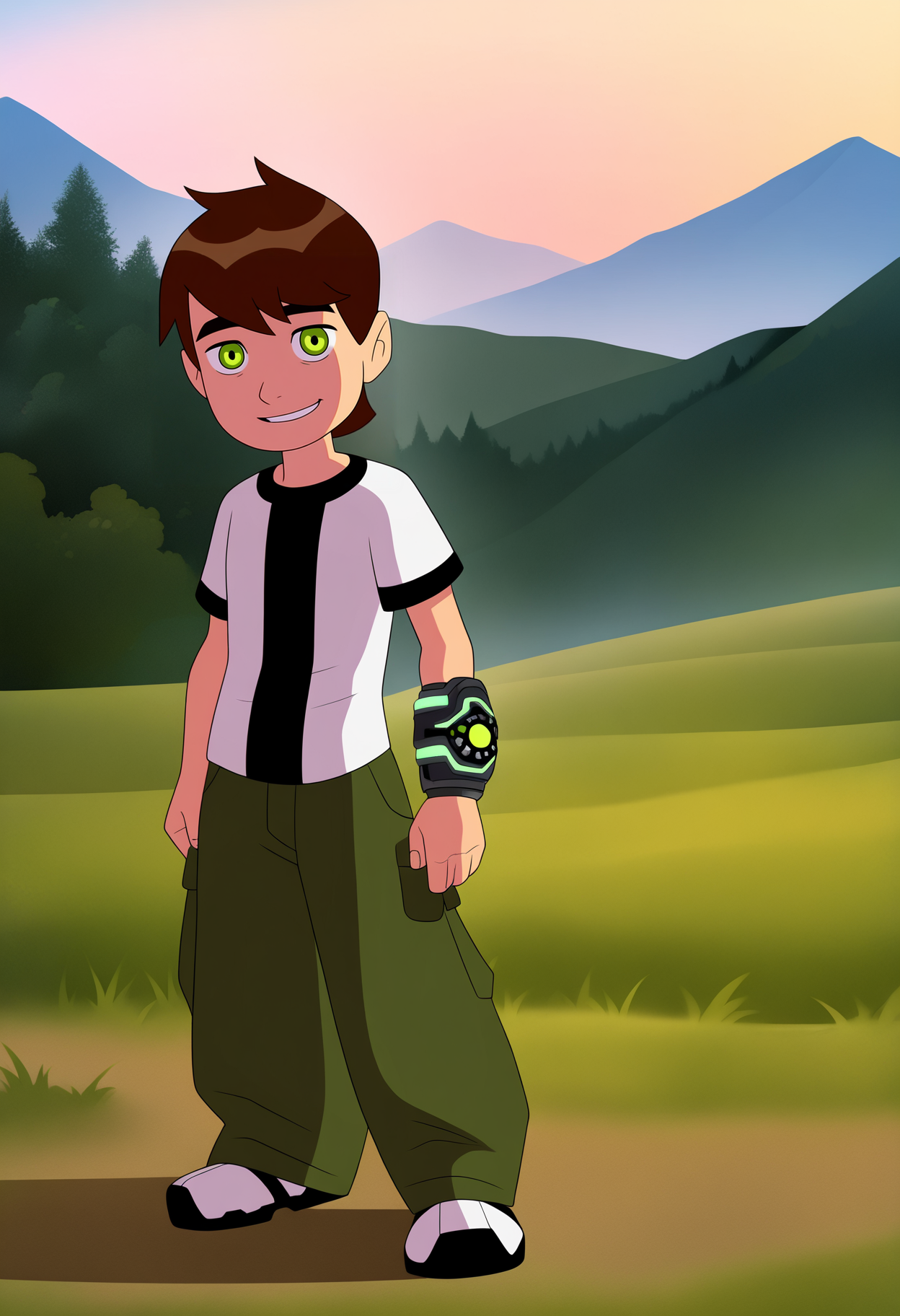 best quality, amazing quality, very aesthetic, absurdres,
1boy, bentennyson, brown hair, green eyes, green pants, shirt, 
smile, full body, standing, solo, looking at viewer, grass, blue sky, mountains background,     <lora:Ben10NoobXL_byKonan:1>