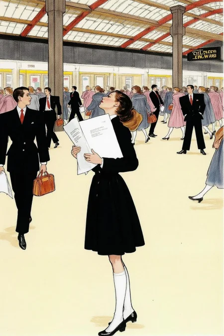 regr1 sketch Profile of a high school student in uniform, white socks and black shoes, standing in the middle of a train station, holding two acceptance letters--one for a local college and the other for an overseas university. The station is bustling with people moving in every direction, while she stands still, eyes closed, taking a deep breath as she tries to decide which future to follow. <lora:regr1_fashion_nocap_d6a3:1.0><lora:807329186210502532:0>