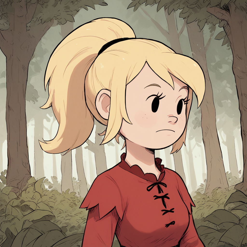 score_9_up, score_8_up, BREAK, TwistwoodTales, 1girl, solo, blonde hair, ponytail, black eyes, red dress, upper body, forest,  <lora:TwistwoodTales_Style_PXL_Leaf1:1>