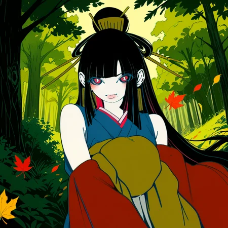 ink drawing, black and white with red details, score_9, score_8_up, score_7_up, score_6_up, score_5_up BREAK t1u5, 1girl, mole under mouth, colored sclera, pink eyes, symbol-shaped pupils, long hair, black hair, blue kimono, sleeveless, earrings, hair stick, hime cut, sidelocks, hair ornament, colored inner hair, yellow obi, red sleeves, detached sleeves, cowboy shot, pale skin, looking at viewer, solo, <lora:tukiGirlPDXL32v0.93tx1:1.1>, autumn forest, short black hair, falling leaves, monochrome
