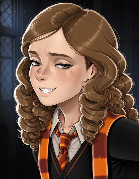 detailed, masterpiece, best quality, 
cape, collared shirt, cardigan, necktie, hogwarts school uniform, 
indoors, dark background, 
1girl, solo, portrait, 
<lora:shdmn-hermione:1>, xhermionex, brown hair, long hair, curly hair, brown eyes, freckles, 