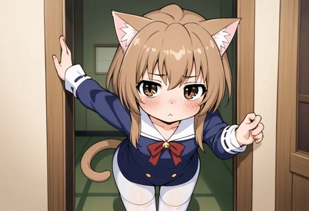 Aisaka_Taiga, 1girl, solo, flat chest, brown_eyes, blush, bow, catgirl, cat ears, cute, peeking, white legwear, playful, cat tail