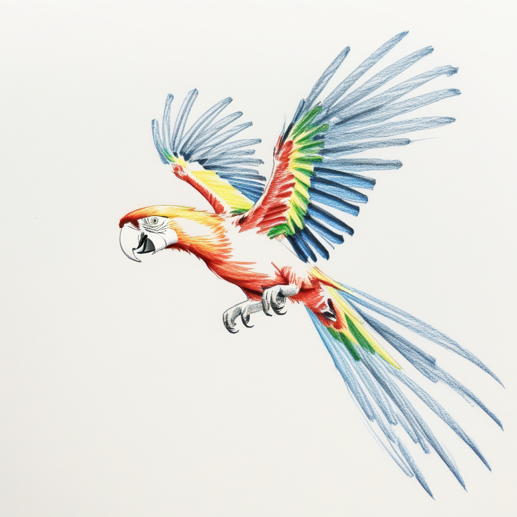 a pencil sketch with bold lines of a macaw flying