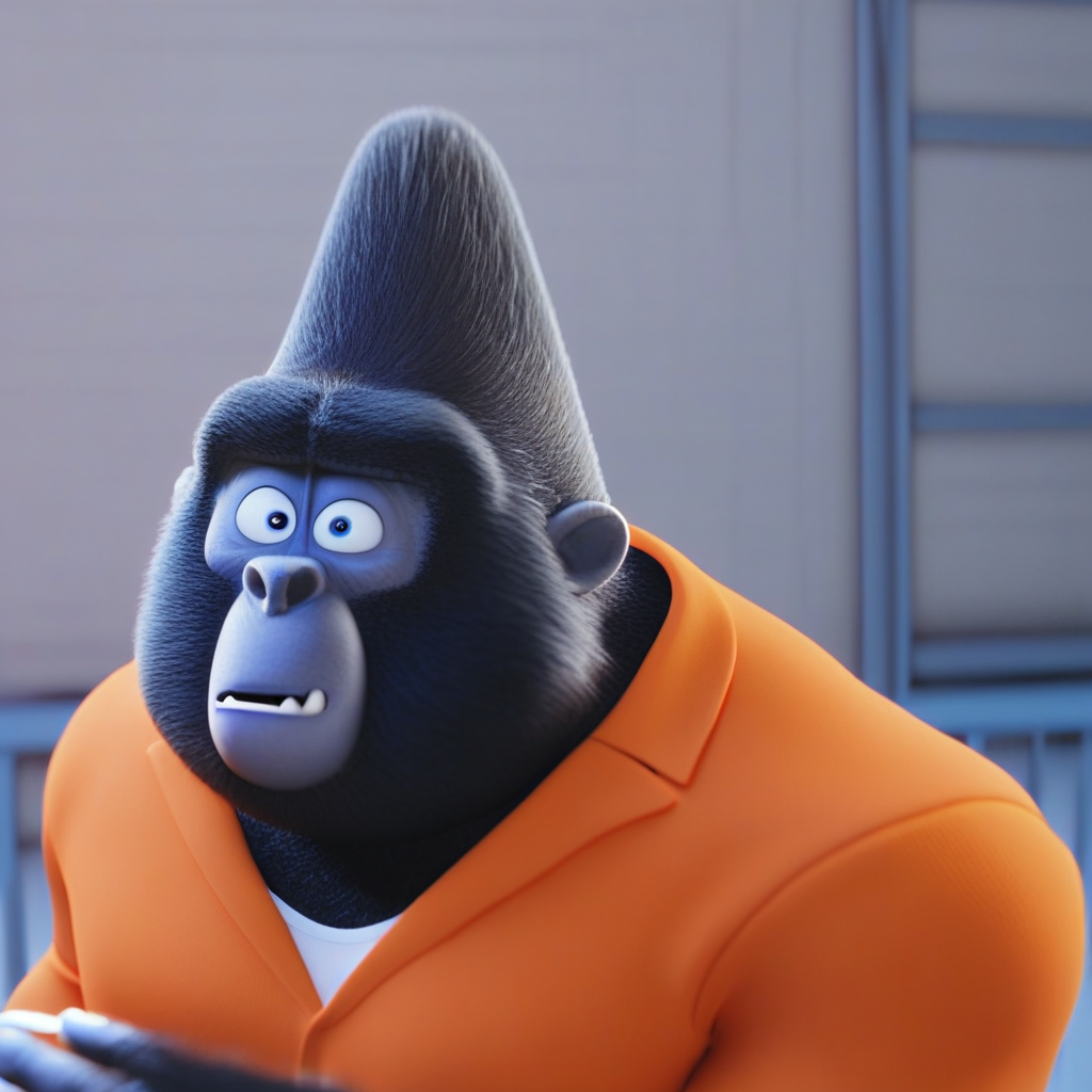 "Big Daddy from the movie Sing, in prison cell, 3D style, expressive face, Pixar/Illumination animation quality" orange jumpsuit, white tank top, big daddy, gorilla, furry male, male, colored skin, fangs, blue eyes, anthro, muscular, wide shoulders,
