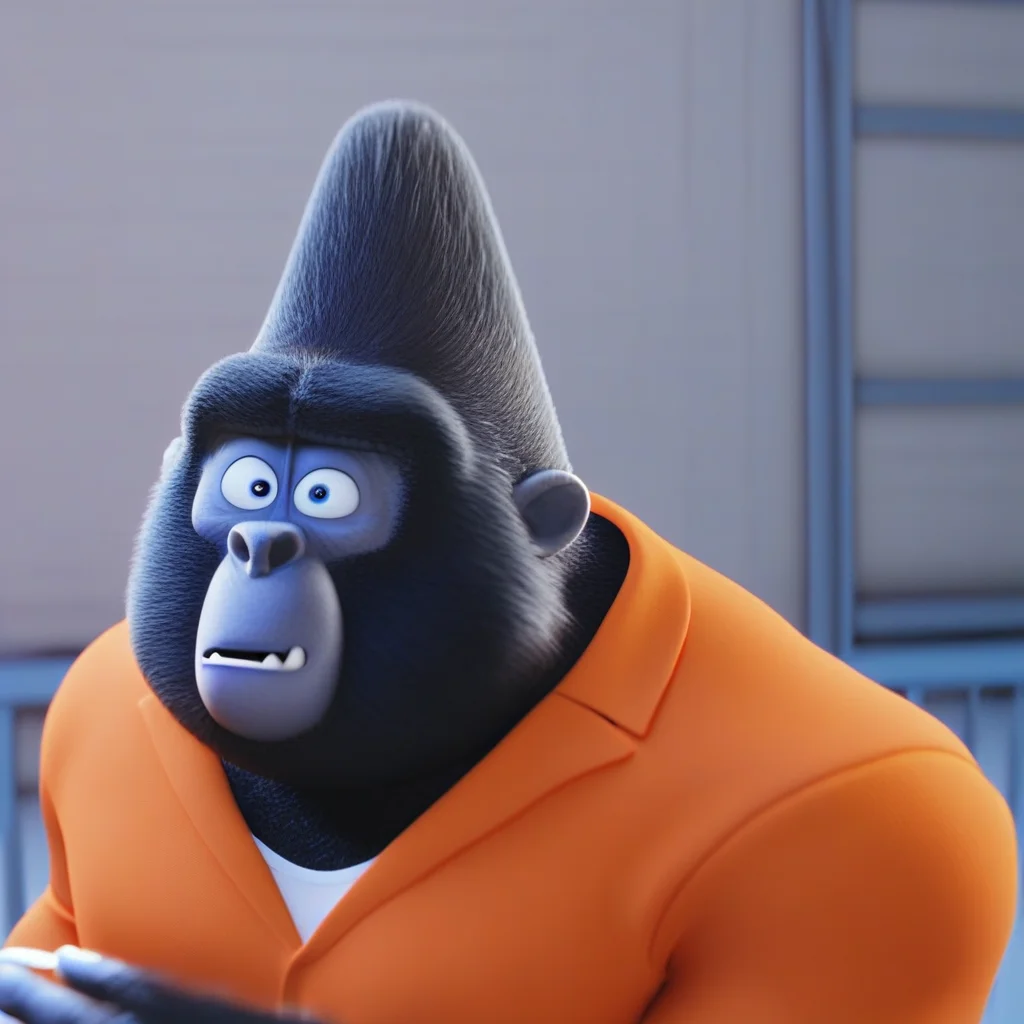 "Big Daddy from the movie Sing, in prison cell, 3D style, expressive face, Pixar/Illumination animation quality" orange jumpsuit, white tank top, big daddy, gorilla, furry male, male, colored skin, fangs, blue eyes, anthro, muscular, wide shoulders,