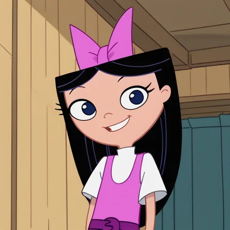 score_9, score_8_up, score_7_up BREAK IsaPF, 1girl, long black hair, dark blue eyes, pink bow, sleeveless pink dress, purple belt, round purple buckle, short-sleeved white shirt, cartoon, source_cartoon, smiling at viewer, face view, face closeup,
