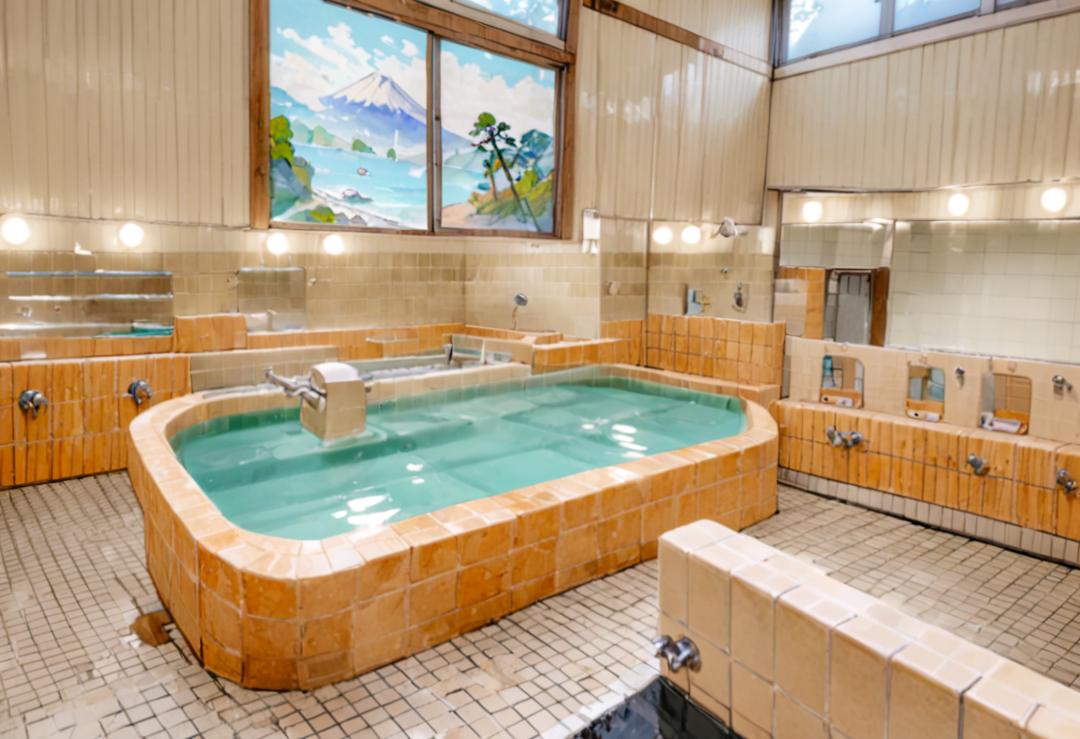 masterpiece, best quality, very aesthetic, absurdres,
sentou, bathroom, scenery, window, traditional media, water, indoors, 
 <lora:sentou_SDXL_V5:1>