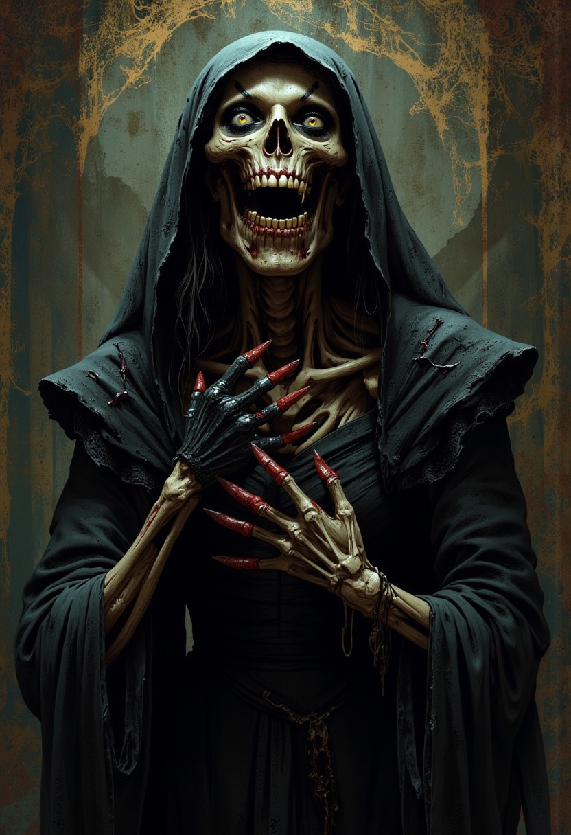 Terrifying Zombie corpse bride smiling madly in happiness, showing rotted teeth, Gothic style, scary.