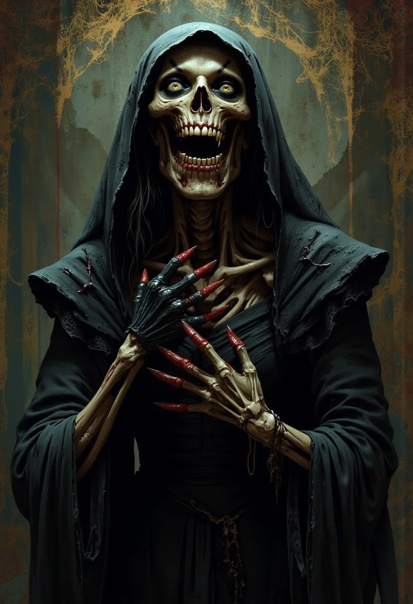Terrifying Zombie corpse bride smiling madly in happiness, showing rotted teeth, Gothic style, scary.