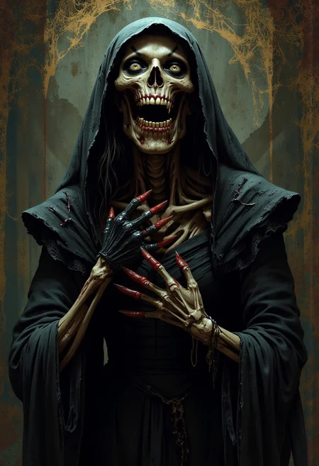 Terrifying Zombie corpse bride smiling madly in happiness, showing rotted teeth, Gothic style, scary.