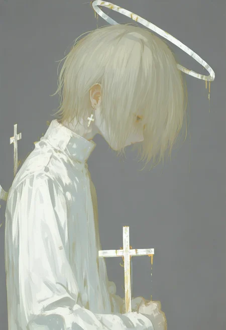 solo, 1boy, upper body, halo, cross, male focus, simple background, long sleeves <lora:748cmXL_NB11_lokr_V6311P:0.95>