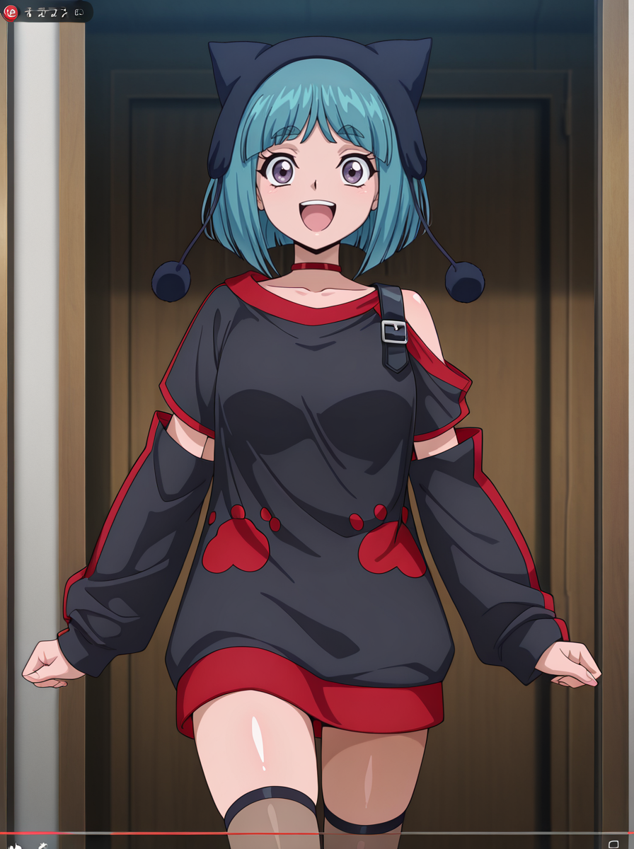 masterpiece, best quality, amazing quality, very aesthetic, absurdres, newest,shiny skin,  anime screenshot, anime coloring,  cardfight!! vanguard,  <lora:YunaSaionji:1>yunasaionji, 1girl, solo, short hair, blue hair, open mouth, choker, bangs, thighhighs, red choker, aqua hair, hood thick eyebrows,  smile, cat hood,