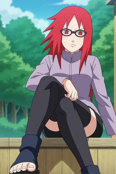 <lora:KarinXL-000020:1>,red hair, 1girl, glasses, long hair, red eyes, solo, long shirt, black thighhighs, black shorts, looking at viewer,medium breasts, long sleeves,outdoors , no pupils,toeless footwear,annoyed, crossed legs, sitting,from below, 
anime screencap, anime coloring,source_anime,naruto \(series\), naruto shippuuden,
