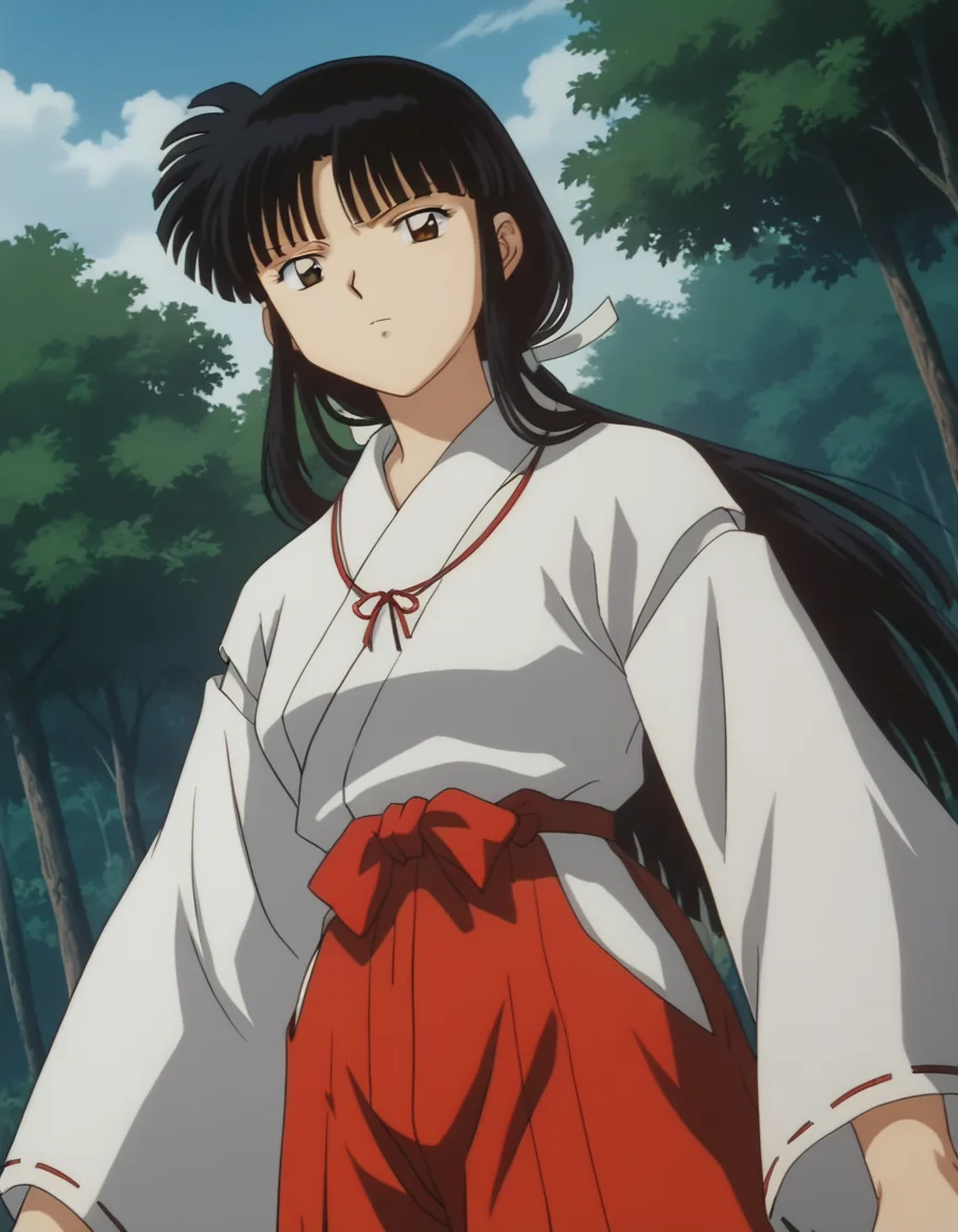 score_9, score_8_up, score_7_up, source_anime,
inuyashakikyou, <lora:inuyasha-kikyou-ponyxl-lora-nochekaiser:1>,
kikyou, long hair, black hair, brown eyes, sidelocks, himecut, retro artstyle,
skirt, long sleeves, japanese clothes, hakama, hakama skirt, miko, red hakama,
outdoors, forest, nature,
looking at viewer, cowboy shot, dutch angle, dynamic pose,