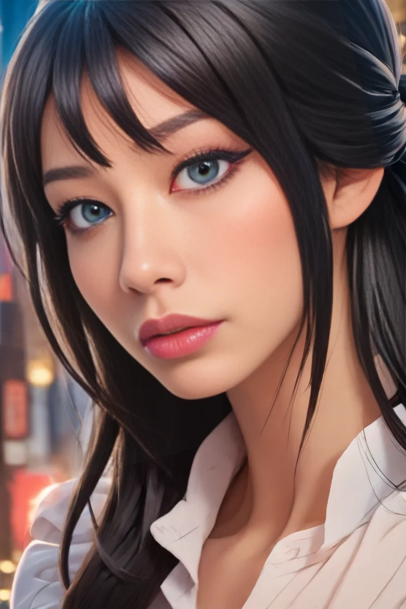 Li-Da JOO, score_9, score_8, score_7, source_anime, an image of LiDaJooDove woman, zPDXL2, masterpiece, best quality, 1woman, half updo, choppy bangs, white collared sleeveless blouse, black skirt, upper body, looking at viewer, city street, late at night, <lora:LiDaJooDove9:1>, long hair, perfect blue eyes