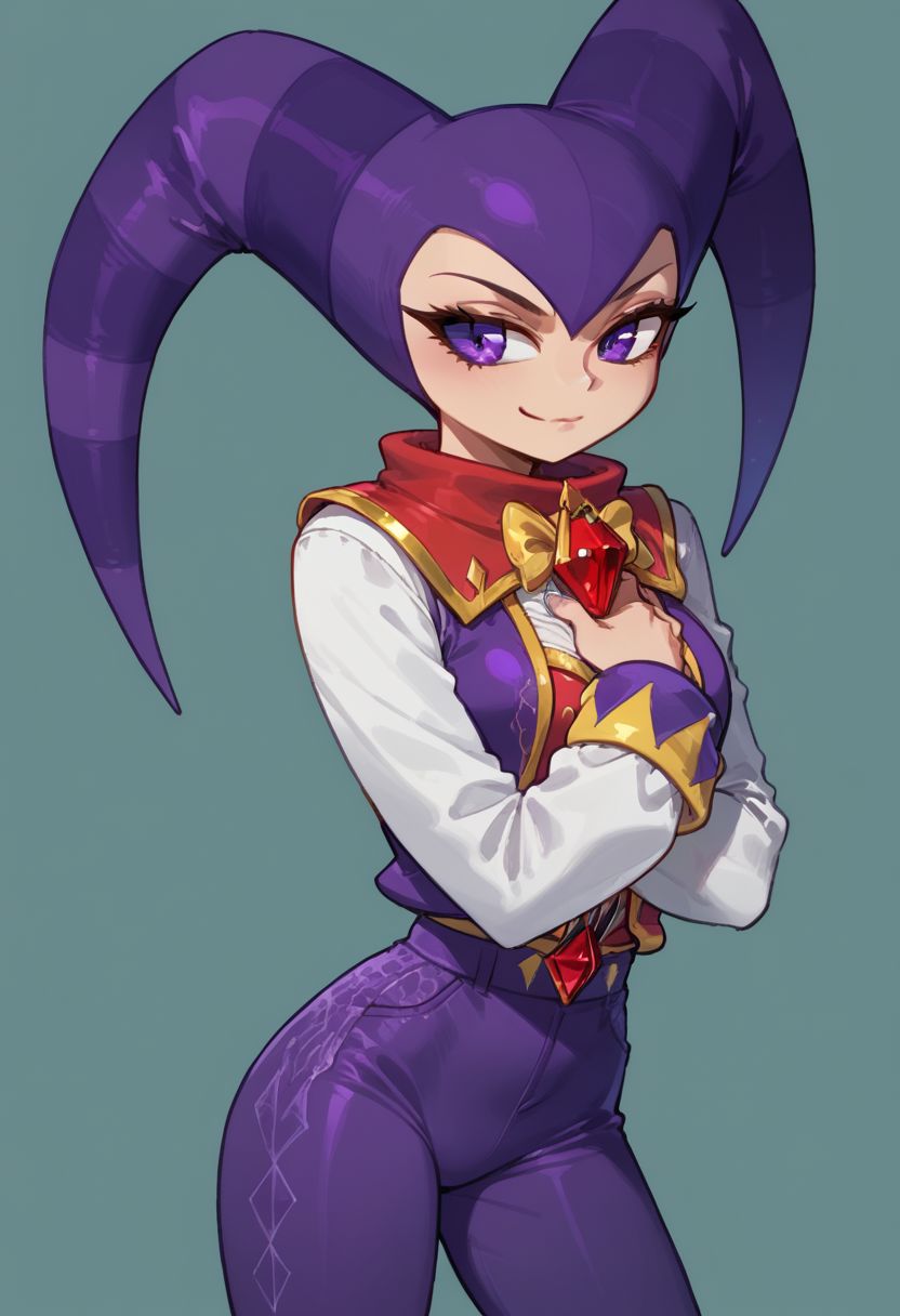 score_9, score_8_up, score_7_up, score_6_up, Nights, jester hat, purple eyes, 1girl, simple background, background, huge figure, hand behind back, pants ornamebt, arms crossed on chest,