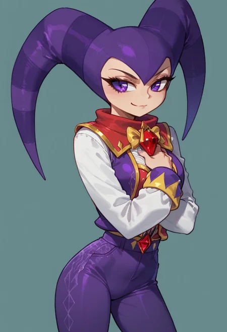 score_9, score_8_up, score_7_up, score_6_up, Nights, jester hat, purple eyes, 1girl, simple background, background, huge figure, hand behind back, pants ornamebt, arms crossed on chest,