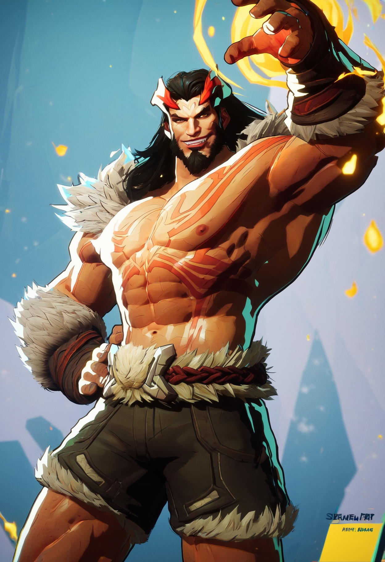 score_9, score_8_up, score_7_up, score_6_up, 1boy, fat boy, topless, tattoos, big beard, cool, shorts, epic pose, muscular, evil smile, splash art, long hair, viking, pants, looking at viewer, cowboy shot, dynamic pose, smile, wide shot, solo,  hands on hips,
,MarvelRivals, <lora:AMarvelRivals_style:1>, cartoon, aura, dutch angle,  <lora:HandFixer_pdxl_Incrs_v1:0.3>, handfixer,