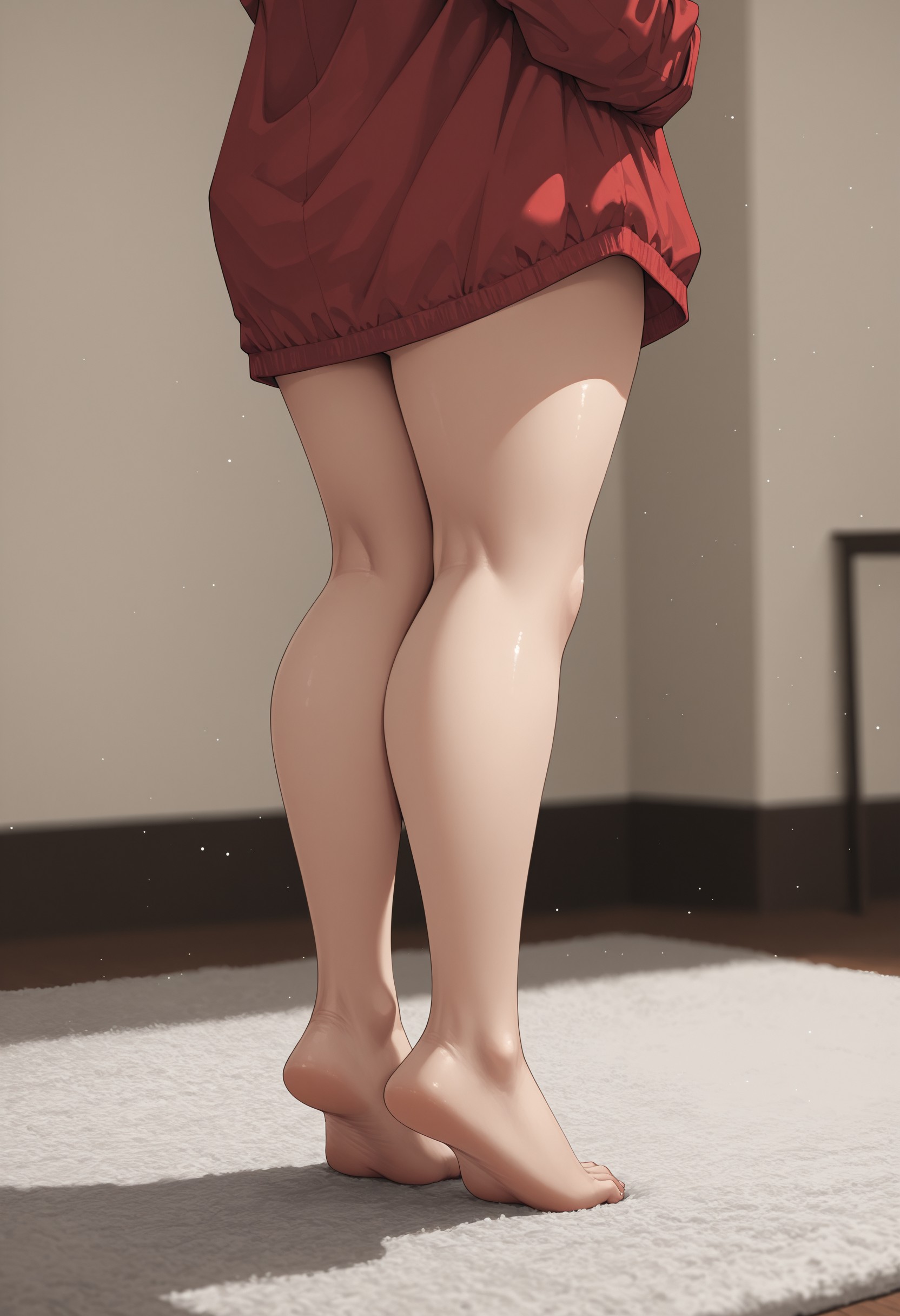 jrka2, 1girl, standing, knees together, borrowed clothes, bottomless, small breasts, soles, barefoot, braless, lower body focus, light particles, soft shadows, blurry background, detailed lighting, masterpiece, high_resolution, detailed_shading, strong_contrasts, rich_colors, texture_rendering, material_rendering, hyper_detailed, sharp_focus, color_depth, refined_edges, professional_render, 4k, latest, , <lora:4272a744-8f0b-45eb-a10e-d02d1b957642:0.9>